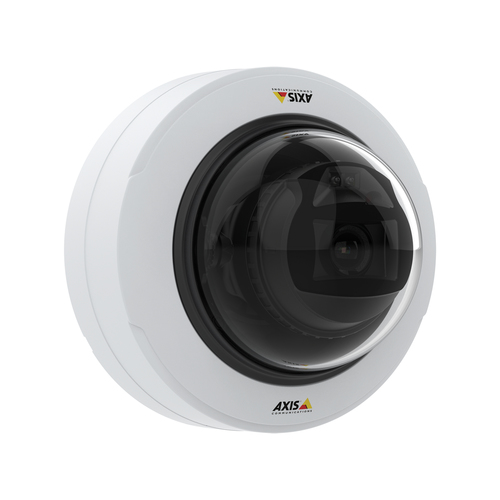 Close-up of Axis 02327-001 camera lens showing 3.4–8.9 mm optical zoom for detailed indoor surveillance