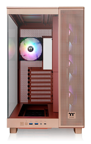 View 380 XL TG ARGB PC case showing four pre-installed ARGB fans
