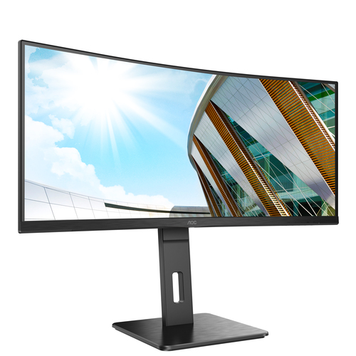 AOC P2 CU34P2A curved QHD monitor rear view with DisplayPort and HDMI ports