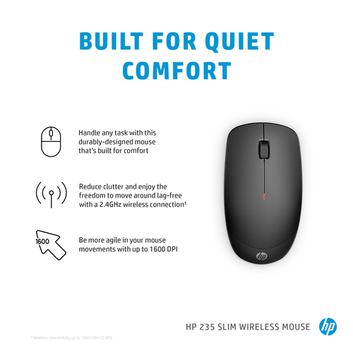 HP 235 Slim Wireless Mouse, Ambidextrous, Optical, RF Wireless, 1600 DPI, Mouse