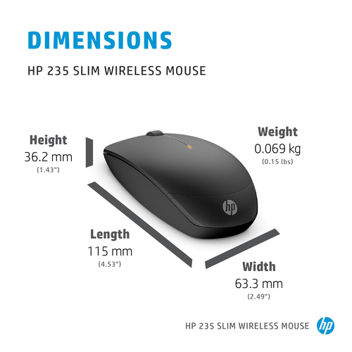 HP 235 Slim Wireless Mouse, Ambidextrous, Optical, RF Wireless, 1600 DPI, Mouse