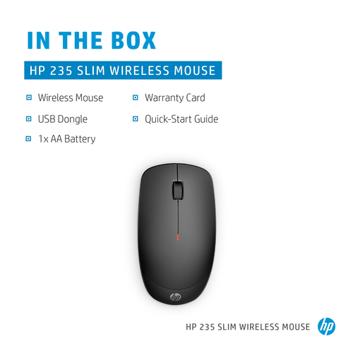 HP 235 Slim Wireless Mouse, Ambidextrous, Optical, RF Wireless, 1600 DPI, Mouse