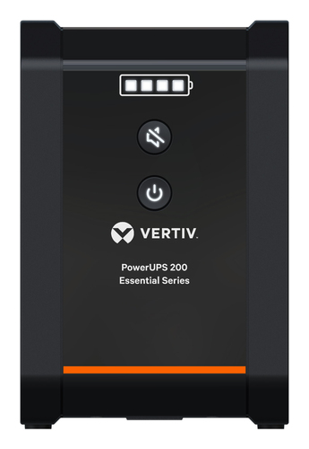 Close-up of Vertiv PowerUPS 200 Essential LCD and mute button