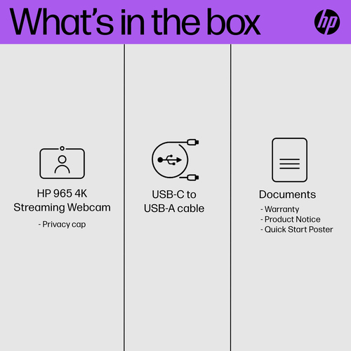 HP 965 4K Streaming Webcam, 8MP, 3840x2160, 60fps, Full HD, USB, Crisp Video