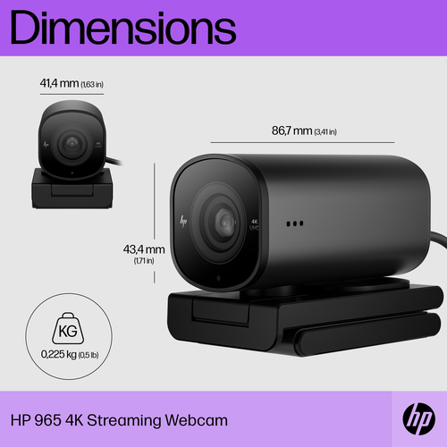 HP 965 4K Streaming Webcam, 8MP, 3840x2160, 60fps, Full HD, USB, Crisp Video