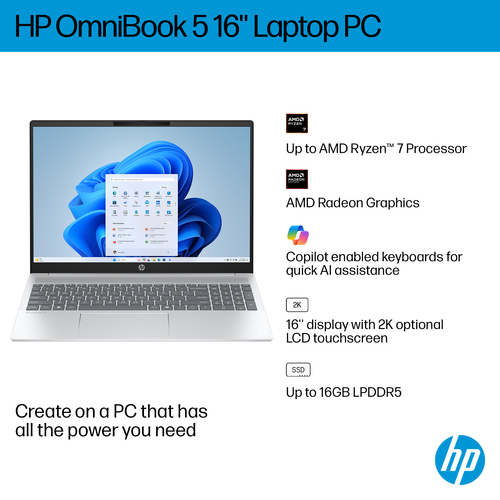 HP OmniBook 5 16-bc1004na, AMD Ryzen™ 5, 3.2 GHz 16" 16 GB, 512 GB