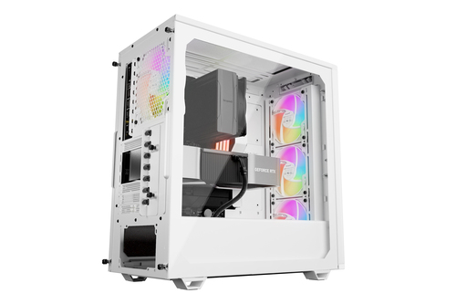Pure Base 501 LX White midi tower showing airflow and multi-color lighting