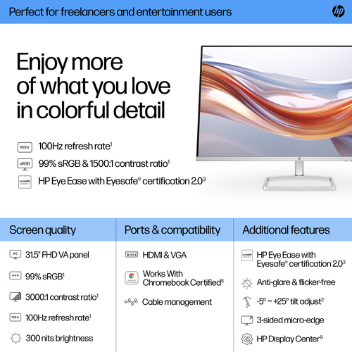 HP Series 5 31.5 inch FHD Monitor 1920 x 1080 pixels Full HD LCD Black, White