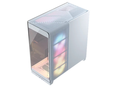 ront and side view of Corsair 4500X LX-R RGB tempered glass mid-tower showcasing panoramic white chassis.