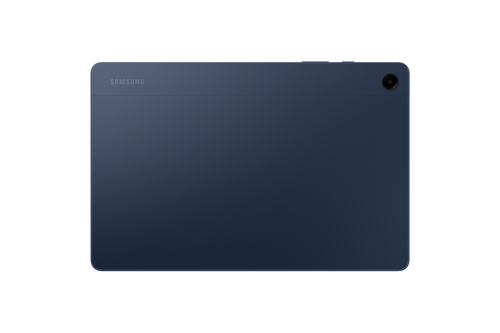 Galaxy Tab A9+ rear view showing 8MP camera and sleek metal body in navy