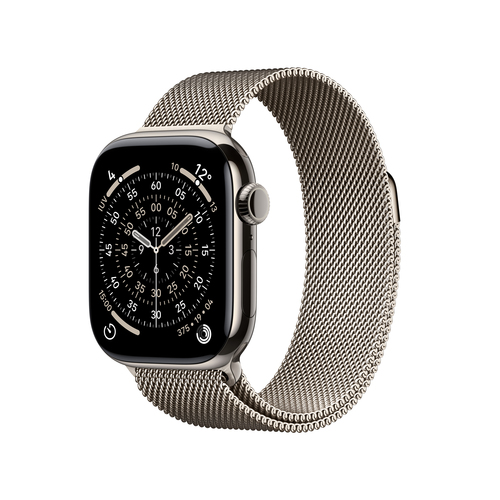Side view of Apple Watch Series 11 GPS + Cellular 42mm natural titanium case showing sapphire glass and slim rectangular design