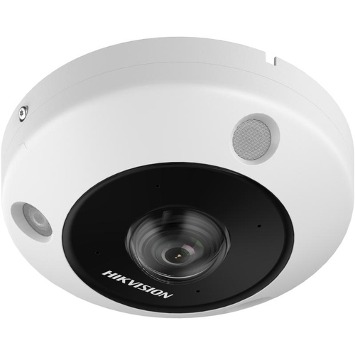 Hikvision DS-2CD63C5G1-IVS mounted on ceiling showing 12MP full-view coverage indoors