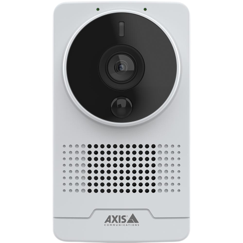 Axis 02350-001 indoor wired IP camera mounted on white wall showing lens and PIR sensor