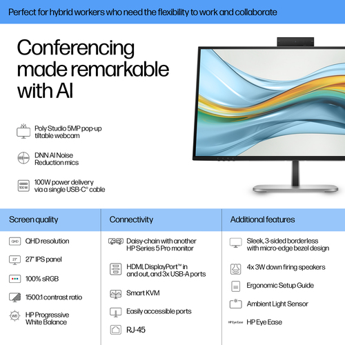 HP Series 5 Pro 27 inch QHD USB-C Conferencing Monitor, 2560 x 1440 pixels, LCD