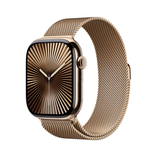 Apple Smartwatch Series 10 gold titanium case displaying always on touchscreen with digital dial