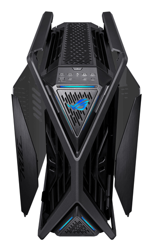 ASUS ROG Hyperion GR701 ATX EATX gaming PC case showing tempered glass hinged side panel