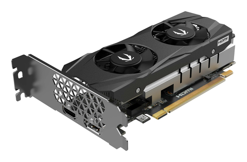 Black Zotac GeForce RTX 3050 graphics card angled view for gaming PC setu