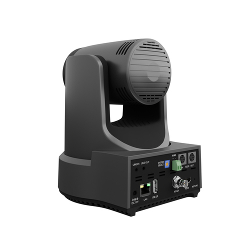 Close-up of PTZOptics PT12X-LINK-4K-GY lens showing 12x optical zoom and 16x digital zoom