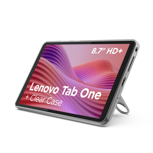Lenovo Tab One front view, 8.7 inch 1340 x 800 display in grey with Android 14