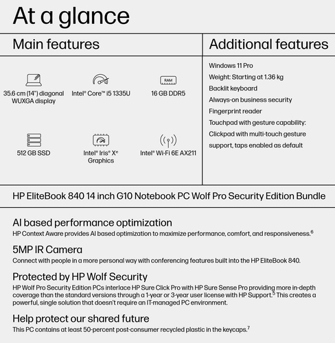 HP EliteBook 840 G10, Intel® Core™ i5, 14" 16 GB, 512 GB, Windows 11 Pro