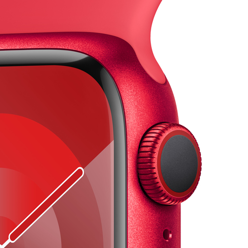 Side view of Apple Watch Series 9 GPS + Cellular showing red sport band and gold case.