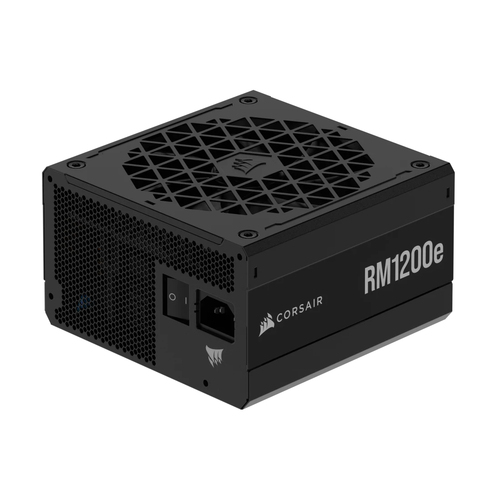 Rear view of Corsair RM1200e power supply featuring AC input socket and power switch