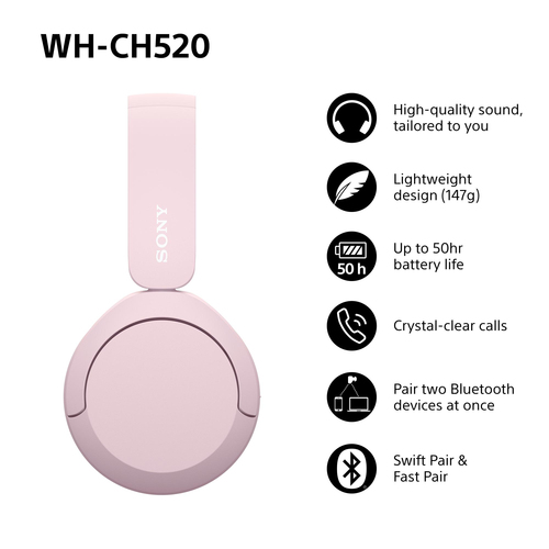 Sony (WHCH520P.CE7), Wireless, 20 - 20000 Hz, Headset/Headphones, Pink