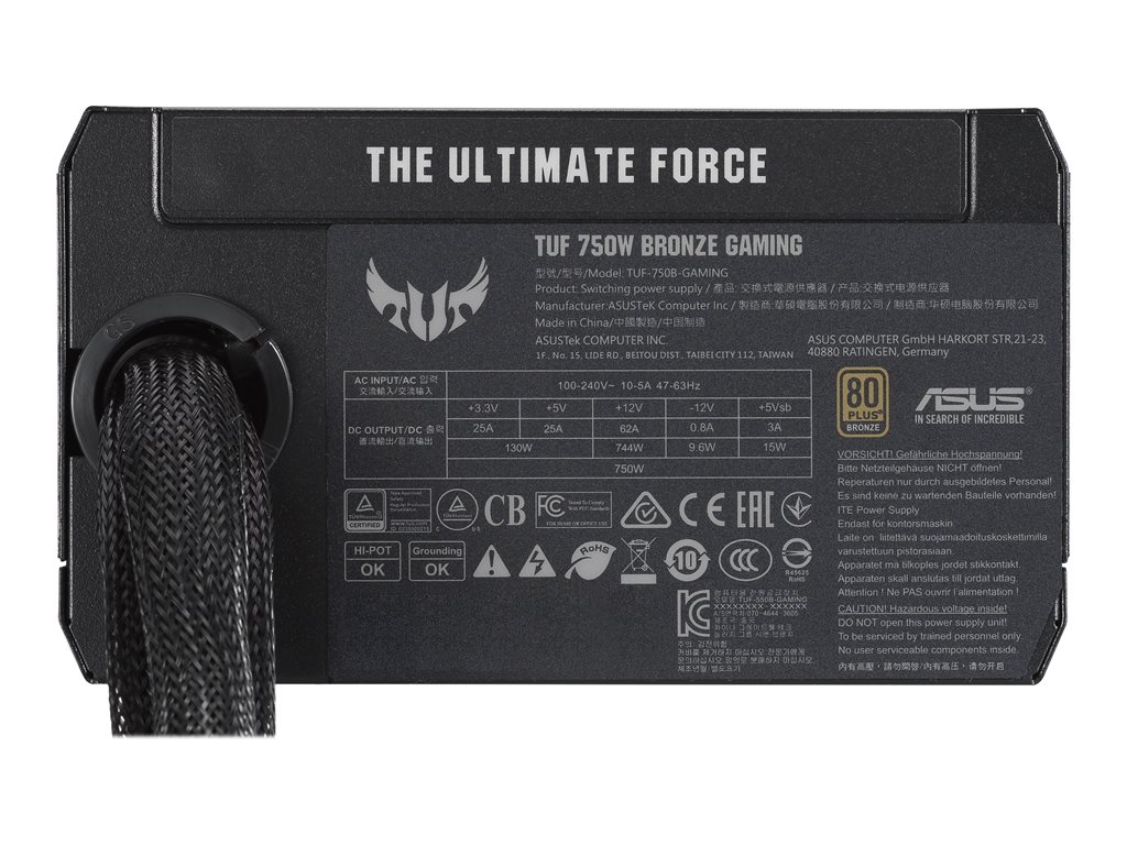 ASUS TUF 750B power supply rear label with 80 Plus Bronze certification and specs