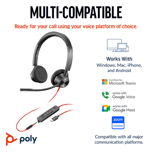 POLY Blackwire 3325 Stereo 3.5mm Plug +USB-C/A, Wired, Headset/Headphones, Black