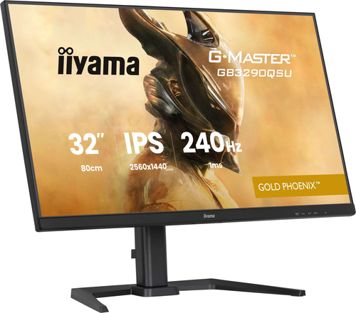 Side angle showing GB3290QSU monitor tilt and 15 cm height adjustment