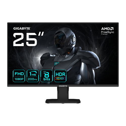 GIGABYTE GS25F2 monitor angled view highlighting tilt adjustment