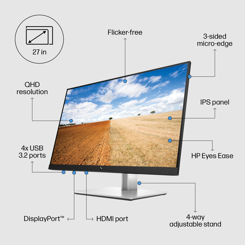 HP E-Series E27q G4, 68.6 cm (27"), 2560 x 1440 pixels, Quad HD, LCD Monitor