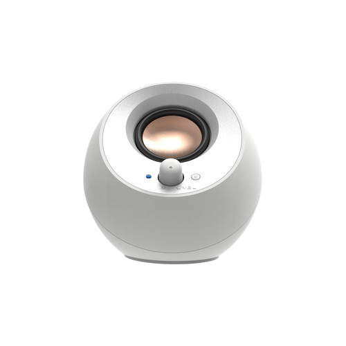 Dual Creative Pebble V3 white speakers on office desk for home audio setup