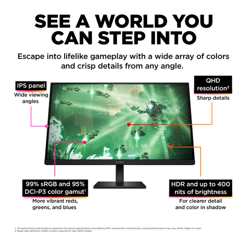 OMEN LCD gaming monitor showing wide screen and clear QHD display