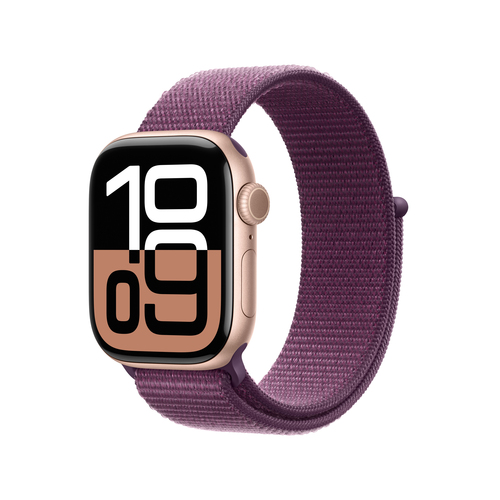 Purple strap Apple Series 10 smartwatch showing heart rate and activity tracker
