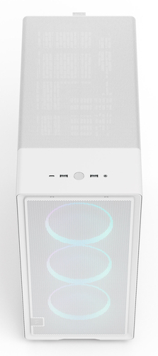 Side angle of Fractal Design Epoch white tower showing steel frame and tempered glass construction. Designed for durability and a refined modern look.