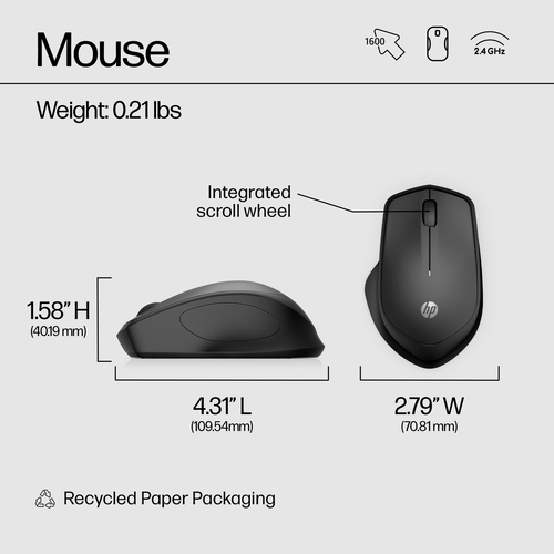 HP 280 Silent Wireless Mouse, Right-hand, Optical, RF Wireless, Black