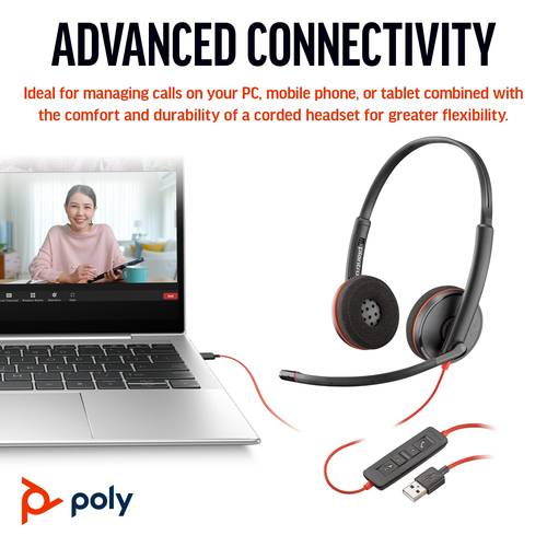 POLY (8X2J9A6) Blackwire 3220 Stereo USB-C/A Adapter, Wired, Headset/Headphones, Black