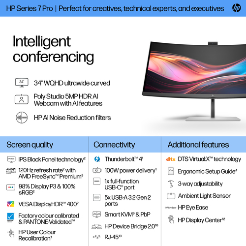 HP 734pm 34" WQHD Monitor Grey with Thunderbolt 4 and USB Hub