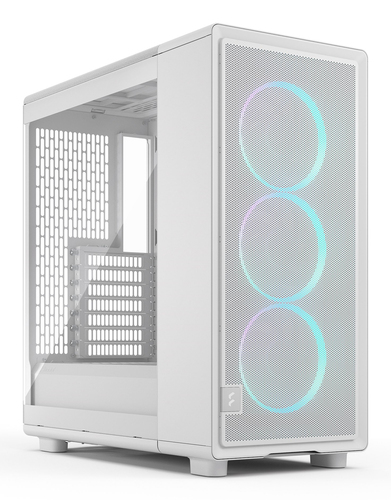 Fractal Design Epoch white midi tower PC case showing tempered glass side panel with clear tint and RGB fans. Clean lines and modern layout visible for a premium gaming setup