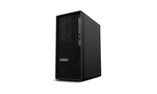 Front view of Lenovo P2 Tower showing USB Type-C, DisplayPort, and HDMI ports for professional connectivity