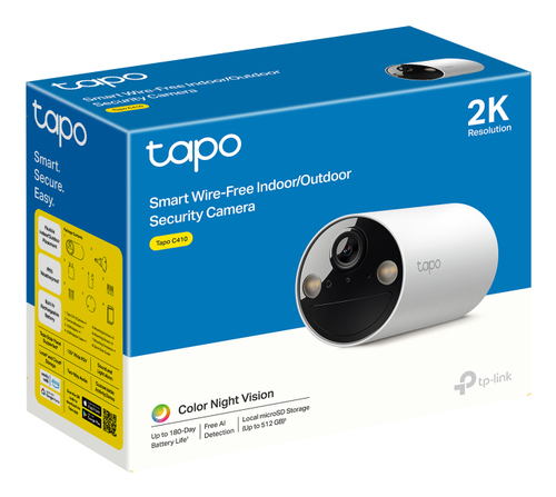 Tapo C410 wireless outdoor camera showing two-way audio and built-in spotlight