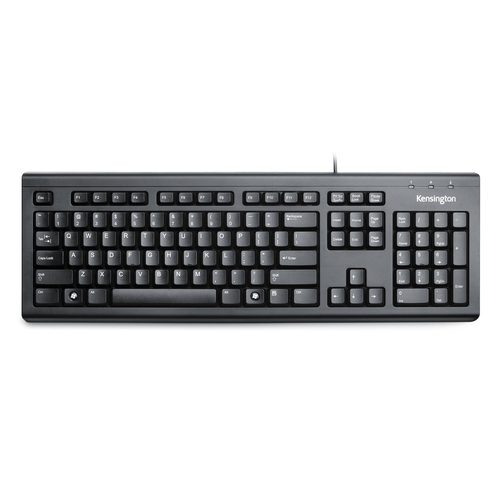 Kensington ValuKeyboard USB wired keyboard UK QWERTY full size black on office desk with numeric keypad