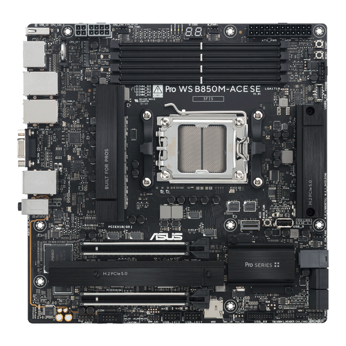 | ASUS PRO WS B850M-ACE SE, AMD Socket AM5 DDR5-SDRAM 256GB Micro-ATX Motherboard                              | Specification                                                                                                                                                                                                                                                                                                                                                                                                                                                                                                | | -------------------------------------- | ------------------------------------------------------------------------------------------------------------------------------------------------------------------------------------------------------------------------------------------------------------------------------------------------------------------------------------------------------------------------------------------------------------------------------------------------------------------------------------------------------------ | | **Miscellaneous**                      |                                                                                                                                                                                                                                                                                                                                                                                                                                                                                                              | | Cables Included                        | 2 x Serial ATA cable                                                                                                                                                                                                                                                                                                                                                                                                                                                                                         | | Included Accessories                   | IO shield, Q-Connector, 1 x M.2 rubber package, ACC Express Activation Key Card                                                                                                                                                                                                                                                                                                                                                                                                                              | | Product Type                           | Motherboard                                                                                                                                                                                                                                                                                                                                                                                                                                                                                                  | | Width                                  | 9.6 in                                                                                                                                                                                                                                                                                                                                                                                                                                                                                                       | | Software Included                      | Adobe Creative Cloud (free trial), Armoury Crate, ASUS CPU-Z, ASUS DriverHub, ASUS Fan Xpert 4, Norton 360 Deluxe (60 days trial), TurboV Core, WinRAR (40 days trial), ASUS Control Center Express                                                                                                                                                                                                                                                                                                          | | Depth                                  | 9.6 in                                                                                                                                                                                                                                                                                                                                                                                                                                                                                                       | | **Processor**                          |                                                                                                                                                                                                                                                                                                                                                                                                                                                                                                              | | Max Supported Qty                      | 1                                                                                                                                                                                                                                                                                                                                                                                                                                                                                                            | | Installed Qty                          | 0                                                                                                                                                                                                                                                                                                                                                                                                                                                                                                            | | **Networking**                         |                                                                                                                                                                                                                                                                                                                                                                                                                                                                                                              | | Data Link Protocol                     | 2.5 Gigabit Ethernet                                                                                                                                                                                                                                                                                                                                                                                                                                                                                         | | **Dimensions & Weight**                |                                                                                                                                                                                                                                                                                                                                                                                                                                                                                                              | | Width                                  | 9.6in                                                                                                                                                                                                                                                                                                                                                                                                                                                                                                        | | Depth                                  | 9.6in                                                                                                                                                                                                                                                                                                                                                                                                                                                                                                        | | **Supported RAM**                      |                                                                                                                                                                                                                                                                                                                                                                                                                                                                                                              | | Supported RAM Integrity Check          | ECC, on-die ECC, non-ECC                                                                                                                                                                                                                                                                                                                                                                                                                                                                                     | | Max Size                               | 256 GB                                                                                                                                                                                                                                                                                                                                                                                                                                                                                                       | | Bus Clock                              | 5600 MT/s                                                                                                                                                                                                                                                                                                                                                                                                                                                                                                    | | Features                               | Dual channel memory architecture, AMD EXPO technology                                                                                                                                                                                                                                                                                                                                                                                                                                                        | | Registered or Buffered                 | Unbuffered                                                                                                                                                                                                                                                                                                                                                                                                                                                                                                   | | Technology                             | DDR5                                                                                                                                                                                                                                                                                                                                                                                                                                                                                                         | | **Audio Output**                       |                                                                                                                                                                                                                                                                                                                                                                                                                                                                                                              | | Type                                   | Sound card                                                                                                                                                                                                                                                                                                                                                                                                                                                                                                   | | **Video Output**                       |                                                                                                                                                                                                                                                                                                                                                                                                                                                                                                              | | Type                                   | Graphics adapter                                                                                                                                                                                                                                                                                                                                                                                                                                                                                             | | **Mainboard**                          |                                                                                                                                                                                                                                                                                                                                                                                                                                                                                                              | | Form Factor                            | Micro ATX                                                                                                                                                                                                                                                                                                                                                                                                                                                                                                    | | Supported RAM (Registered or Buffered) | Unbuffered                                                                                                                                                                                                                                                                                                                                                                                                                                                                                                   | | Processor Socket                       | Socket AM5                                                                                                                                                                                                                                                                                                                                                                                                                                                                                                   | | Supported RAM Speed                    | 5600 MT/s                                                                                                                                                                                                                                                                                                                                                                                                                                                                                                    | | Supported RAM Integrity Check          | On-die ECC                                                                                                                                                                                                                                                                                                                                                                                                                                                                                                   | | Supported RAM Technology               | DDR5 SDRAM                                                                                                                                                                                                                                                                                                                                                                                                                                                                                                   | | Chipset Type                           | AMD B850                                                                                                                                                                                                                                                                                                                                                                                                                                                                                                     | | **Interfaces**                         |                                                                                                                                                                                                                                                                                                                                                                                                                                                                                                              | | Storage                                | Mini Cool Edge IO (MCIO)                                                                                                                                                                                                                                                                                                                                                                                                                                                                                     | | USB                                    | USB-C 3.2 Gen 2x2                                                                                                                                                                                                                                                                                                                                                                                                                                                                                            | | **Header**                             |                                                                                                                                                                                                                                                                                                                                                                                                                                                                                                              | | Model                                  | Pro WS B850M-ACE SE                                                                                                                                                                                                                                                                                                                                                                                                                                                                                          | | Product Line                           | ASUS                                                                                                                                                                                                                                                                                                                                                                                                                                                                                                         | | Packaged Quantity                      | 1                                                                                                                                                                                                                                                                                                                                                                                                                                                                                                            | | **LAN**                                |                                                                                                                                                                                                                                                                                                                                                                                                                                                                                                              | | Network Interfaces                     | 10 Gigabit Ethernet                                                                                                                                                                                                                                                                                                                                                                                                                                                                                          | | **General**                            |                                                                                                                                                                                                                                                                                                                                                                                                                                                                                                              | | Product Type                           | Motherboard - micro ATX                                                                                                                                                                                                                                                                                                                                                                                                                                                                                      | | Chipset Type                           | AMD B850                                                                                                                                                                                                                                                                                                                                                                                                                                                                                                     | | Processor Socket                       | Socket AM5                                                                                                                                                                                                                                                                                                                                                                                                                                                                                                   | | Max Processors Qty                     | 1                                                                                                                                                                                                                                                                                                                                                                                                                                                                                                            | | Compatible Processors                  | (supports Ryzen 7000/8000/9000 Series/AMD EPYC 4005 Series)                                                                                                                                                                                                                                                                                                                                                                                                                                                  | | **Features**                           |                                                                                                                                                                                                                                                                                                                                                                                                                                                                                                              | | BIOS Type                              | AMI                                                                                                                                                                                                                                                                                                                                                                                                                                                                                                          | | Hardware Features                      | Preboot eXecution Environment (PXE), CrashFree BIOS 3, LANGuard, Clear CMOS Button, reset button, Start button, BIOS FlashBack button, ASUS 5X Protection III, ESD Guards, ASUS DIGI+ VRM, ASUS Overvoltage Protection, aluminum heatsink design, ASUS EZ DIY, ASUS ProCool II, ASUS Q-Design, ASUS SafeDIMM, ASUS SafeSlot, ASUS Stainless Steel Back I/O, BIOS FlashBack LED, M.2 heatsink, M.2 Q-Latch, overcurrent protection, Q-Code, Q-Connector, Q-LED, Q-Slot, 8+2+1 Phase Power Design, 8 Layer PCB | | BIOS Features                          | UEFI BIOS, ASUS EZ Flash 3, ASUS UEFI BIOS EZ Mode                                                                                                                                                                                                                                                                                                                                                                                                                                                           | | Sleep / Wake Up                        | Wake on LAN (WOL), wake on PME                                                                                                                                                                                                                                                                                                                                                                                                                                                                               | | **Audio**                              |                                                                                                                                                                                                                                                                                                                                                                                                                                                                                                              | | Compliant Standards                    | High Definition Audio                                                                                                                                                                                                                                                                                                                                                                                                                                                                                        | | Type                                   | HD Audio (8-channel)                                                                                                                                                                                                                                                                                                                                                                                                                                                                                         | | **Expansion / Connectivity**           |                                                                                                                                                                                                                                                                                                                                                                                                                                                                                                              | | Interfaces                             | 3 x USB 3.2 Gen 2, 1 x USB-C 3.2 Gen 2, 1 x USB-C 3.2 Gen 2/DisplayPort, 2 x USB 2.0, 1 x DisplayPort, 1 x VGA, 1 x HDMI, 1 x LAN (10Gigabit Ethernet), 1 x LAN (2.5Gigabit Ethernet), 1 x LAN (Gigabit Ethernet)/management, 1 x microphone - mini-jack, 1 x audio line-out - mini-jack                                                                                                                                                                                                                     | | Internal Interfaces                    | 1 x USB 2.0 - Type A, 2 x USB 3.2 Gen 1 - header, 4 x USB 2.0 - header, 1 x USB-C 3.2 Gen 2x2 - header, 1 x audio - header, 1 x serial - header, 1 x SPI - header, 1 x Thunderbolt 4 - header                                                                                                                                                                                                                                                                                                                | | Power Connectors                       | 24-pin main power connector, 8-pin ATX12V connector, 4-pin ATX12V connector                                                                                                                                                                                                                                                                                                                                                                                                                                  | | Expansion Slots                        | 1 x CPU, 4 x DIMM 288-pin, 1 x PCIe 5.0 x16, 1 x PCIe 4.0 x16 (x4 mode), 2 x M.2 socket (2280 M.2 Key M slot), 1 x microSD                                                                                                                                                                                                                                                                                                                                                                                   | | Storage Interfaces                     | SATA-600 -connectors: 4 x 7pin Serial ATA - RAID 0 / RAID 1 / RAID 10 / RAID 5, PCIe 5.0 -connectors: 2 x M.2 - RAID 0 / RAID 1 / RAID 10 / RAID 5, PCIe 3.0 -connectors: 1 x U.2, PCIe 5.0 -connectors: 1 x MCIO                                                                                                                                                                                                                                                                                            | | **RAM**                                |                                                                                                                                                                                                                                                                                                                                                                                                                                                                                                              | | Max Supported Size                     | 256GB                                                                                                                                                                                                                                                                                                                                                                                                                                                                                                        |