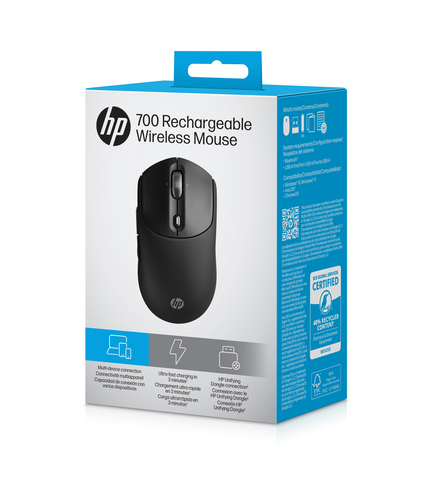 HP 700 Rechargeable Wireless Mouse, Ambidextrous, Bluetooth, 6000 DPI, Black