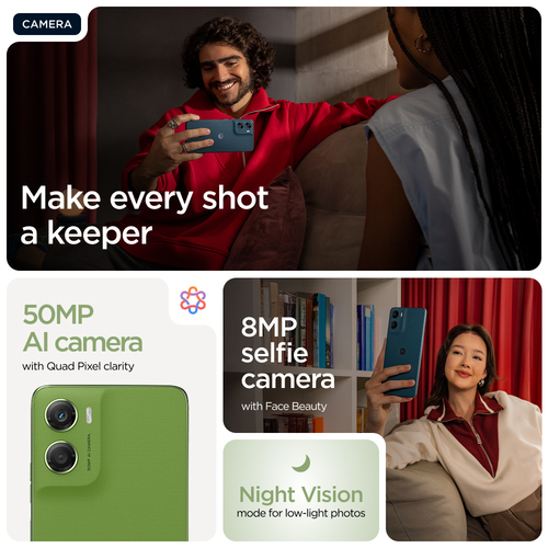 Motorola moto g06 50MP AI camera and 8MP selfie lens in green and blue