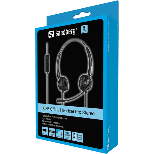 Sandberg USB Office Headset Pro Stereo, Wired, 20 - 20000 Hz, Headset/Headphones, Black