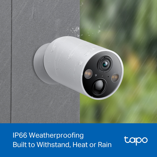 Tapo C425 IP66 weatherproof camera on wall showing magnetic base attachment