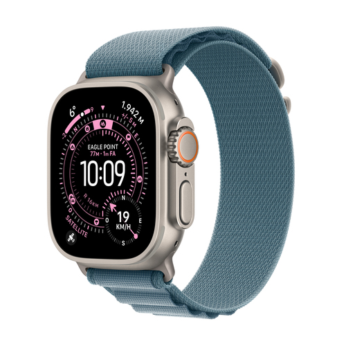 Apple Watch Ultra 3 49mm Titanium front view with Medium Light Blue Alpine Loop