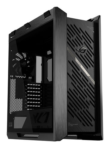 Fully assembled ASUS ROG Strix Helios II gaming PC case with RGB lighting enabled, designed for premium ROG showcase builds.
